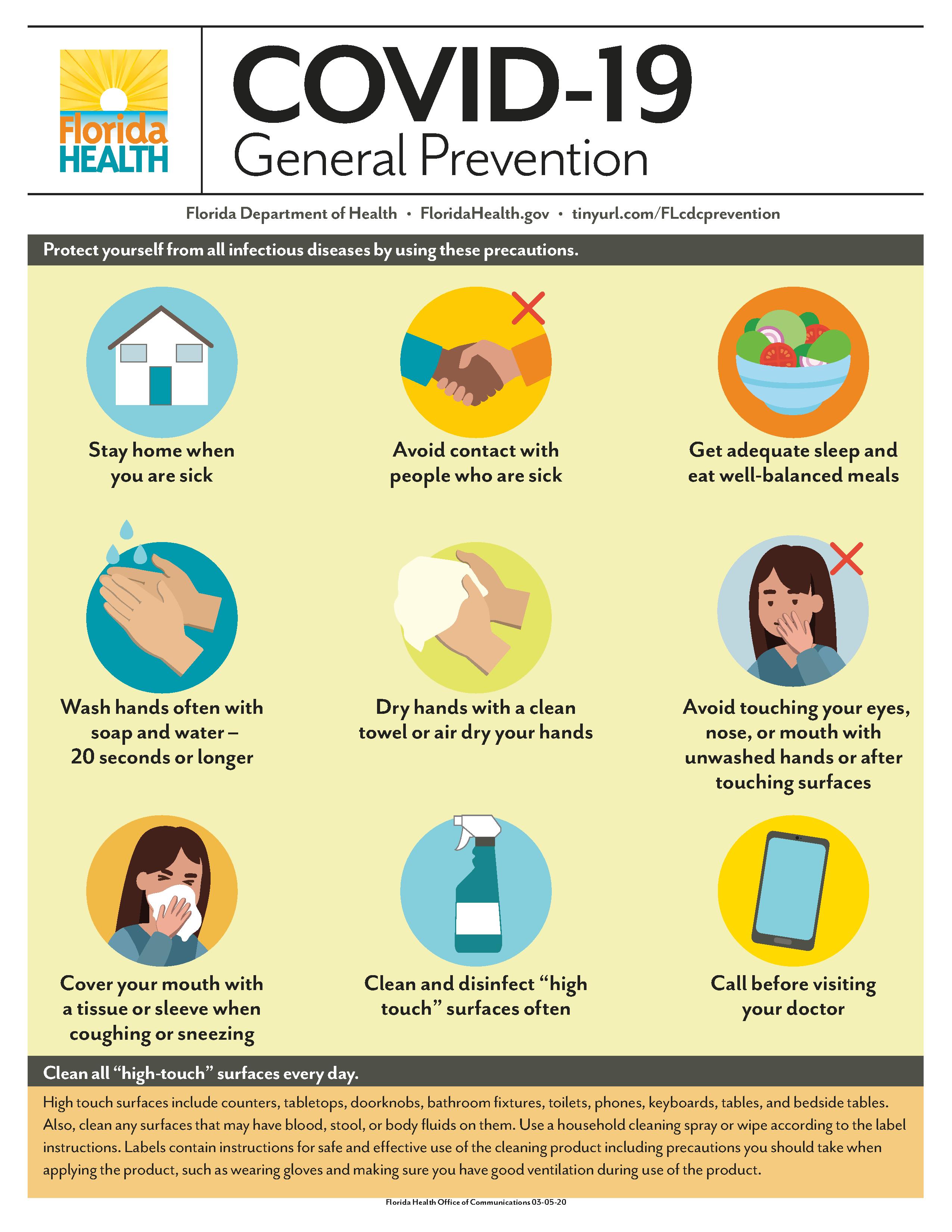 Florida Department of Health COVID-19 Generral Prevention Flyer